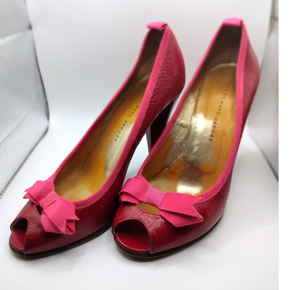 Marc by Marc Jacobs Leather Peep Toe Heels Womens 38 Red Pink Bow Stiletto Italy